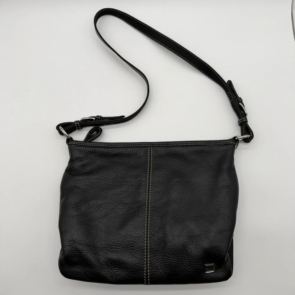 The Sak Medium Shoulder Bag Black Pebbled Leather Charm Zip Closure